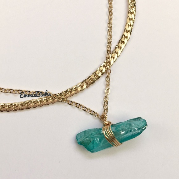 New Aqua Green Aura Quartz Crystal Dual Copper Chain Layered Necklace - Picture 2 of 16